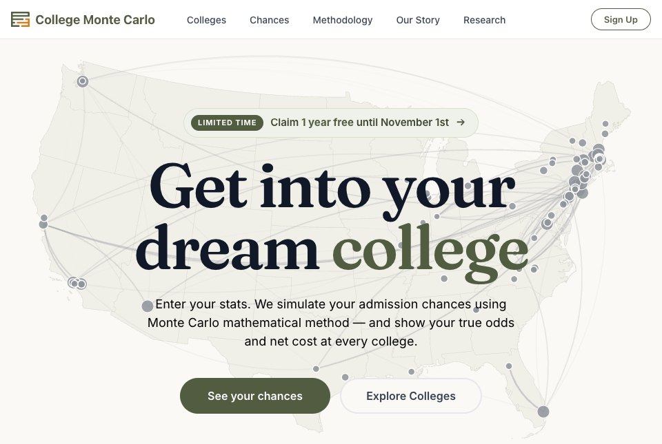 College Monte Carlo homepage: Get into your dream college, over a map of U.S. colleges